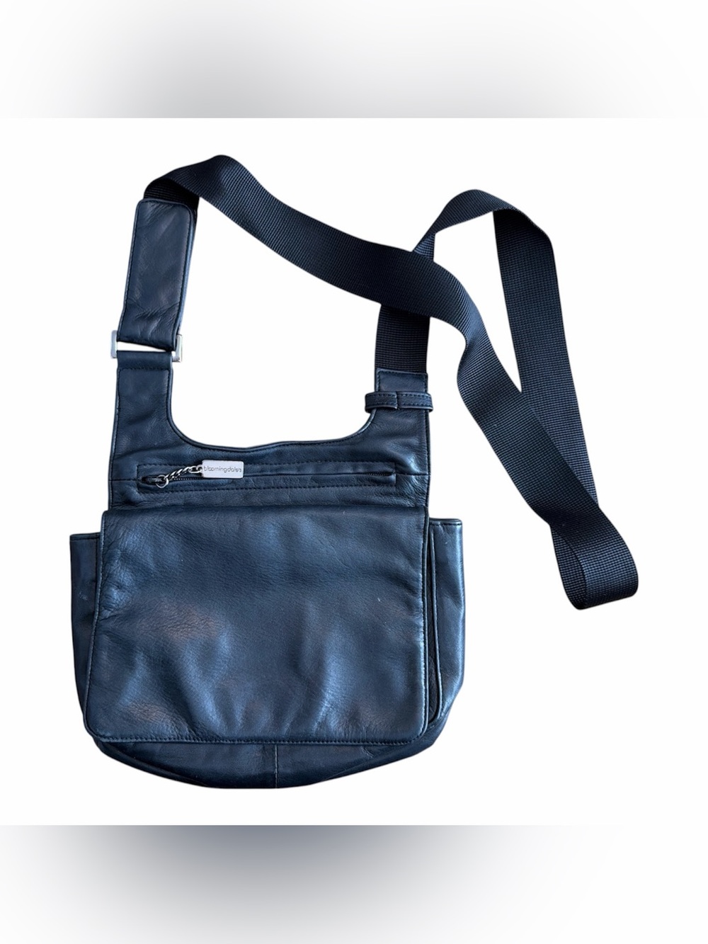 Bloomingdale's Black Leather Messenger Bag with Adjustable Nylon Strap
